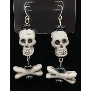 Handmade Skull & Crossbones with Black Glass Bead Earrings by Neanie-Bot